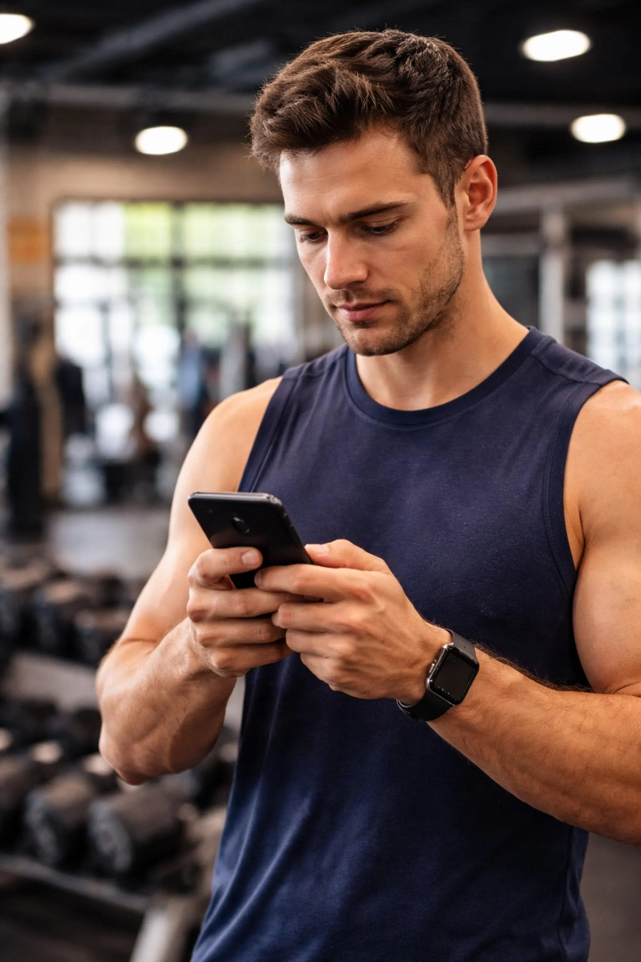 Personne utilisant une application pour suivre ses entraînements en salle de sport
