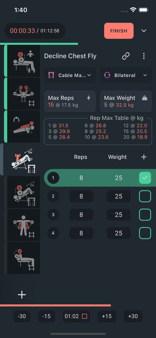 Log sets and view workout completion